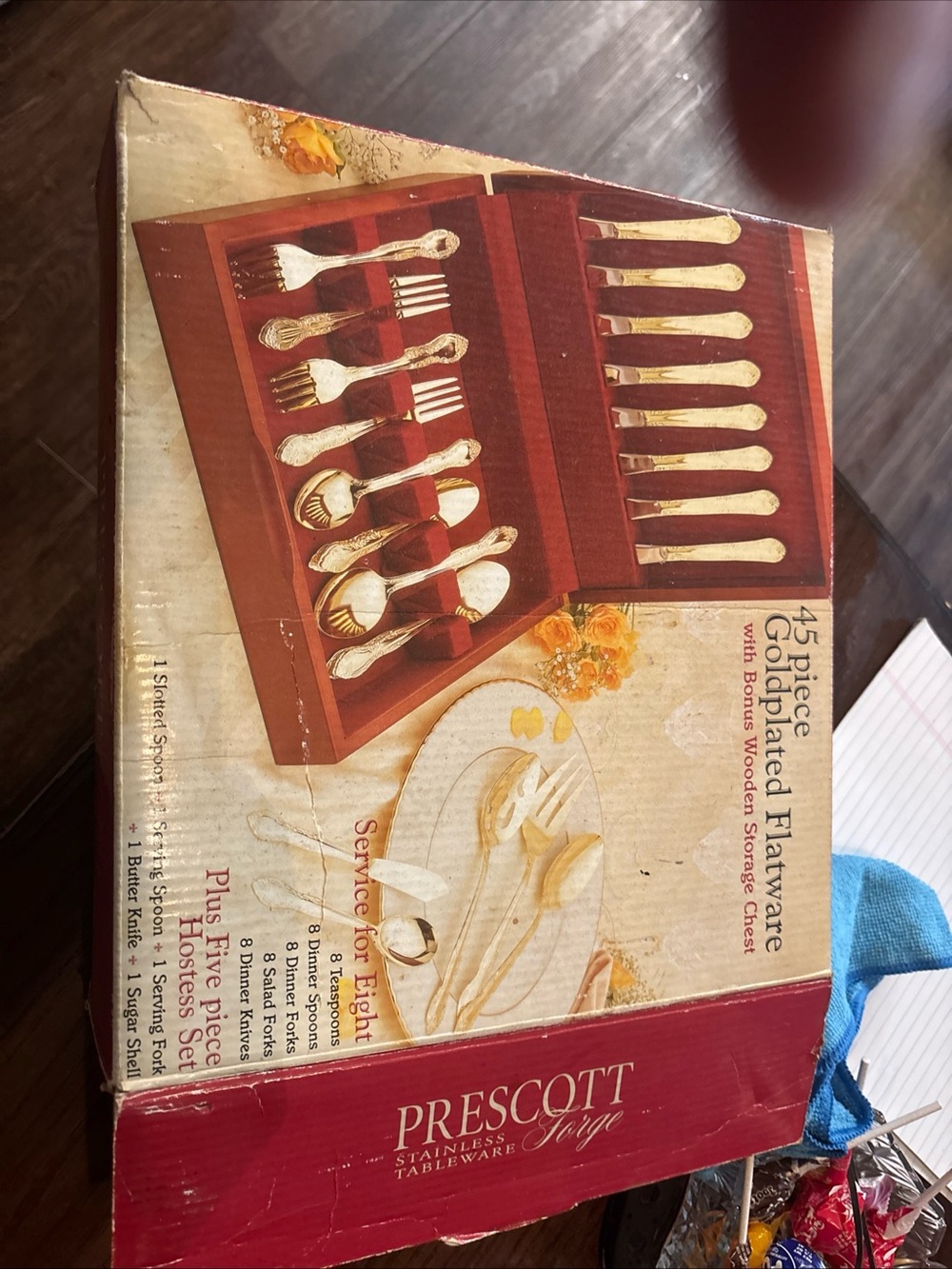 Prescott Forge 45 Pc Gold Plated Flatware Service for 8 Wooden Chest Box